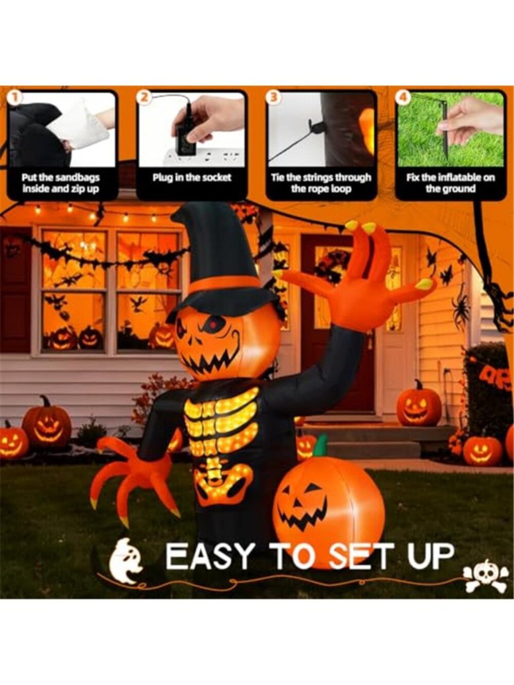 Halloween Inflatable 6FT Skeleton Pumpkin Inflatable with Magic Lightshow - Picture 4 of 7